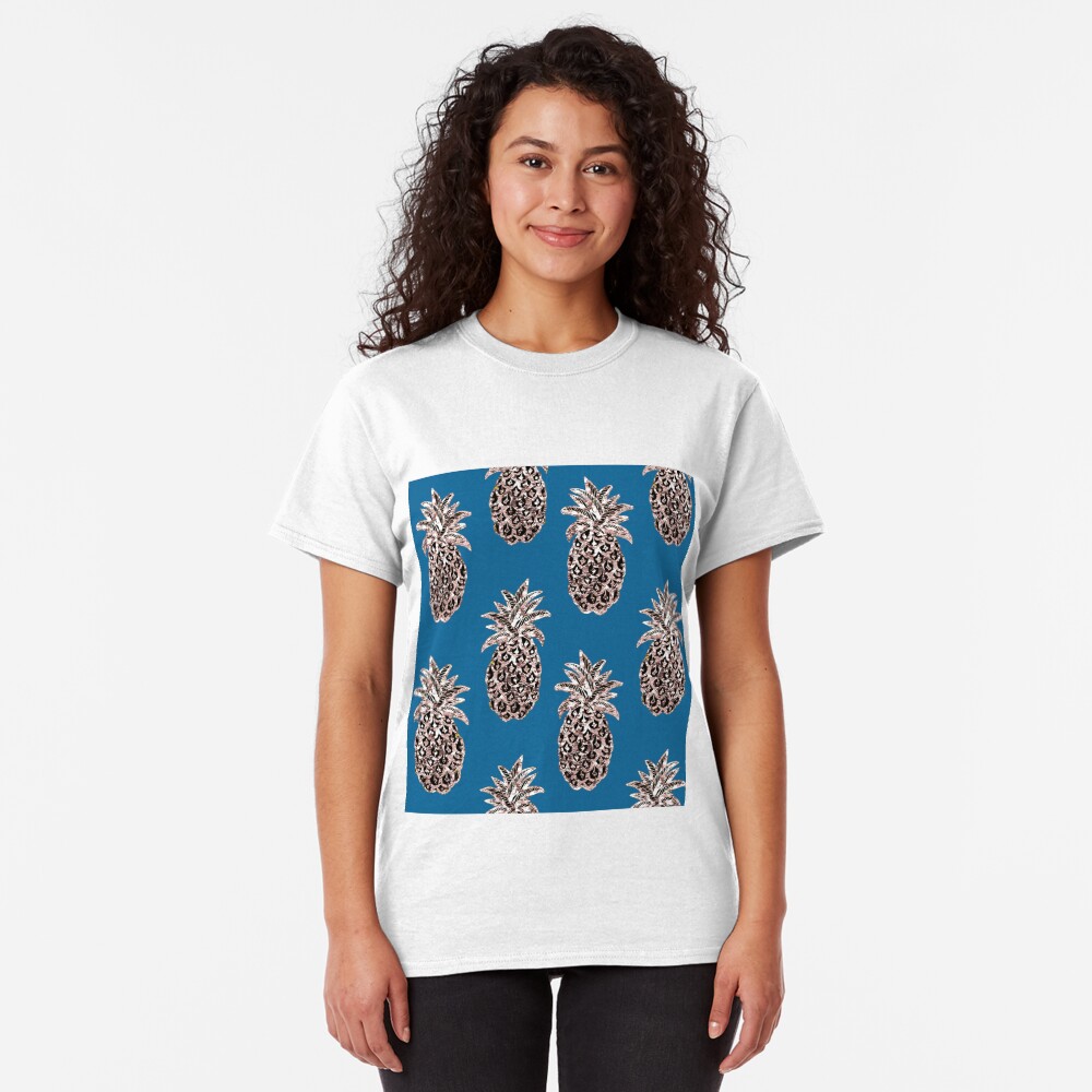 Rose Gold sparkle Pineapples on Teal Classic T-Shirt