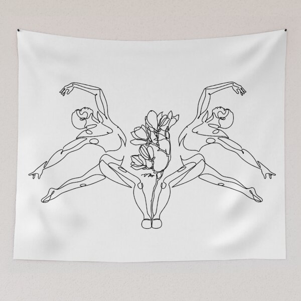 Item preview, Minimal illustration of male dancers. Surreal line art modern man with magnolia frower growing from him. Contemporary art. Young flexible athletic men with flowers.  designed and sold by OneLinePrint.