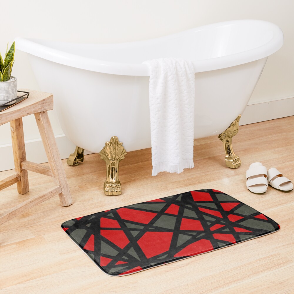 Black Lines Create Irregular Shapes Red Accent Abstract Bath Mat