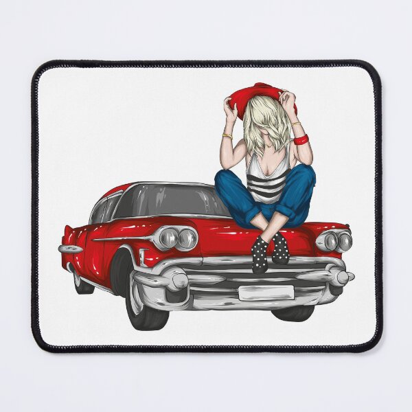 Item preview, Fantasy portrait of woman, Girl goddess in wreath, Red Purse, Red Vintage Car. Girl Sitting over Car. Fashion model pose designed and sold by Obsesie.