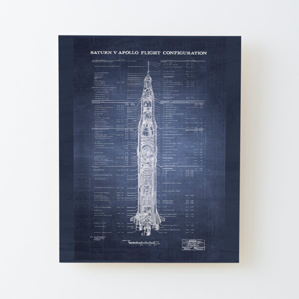 Apollo Saturn V Blueprint in High Resolution (dark blue) Wood Mounted Print