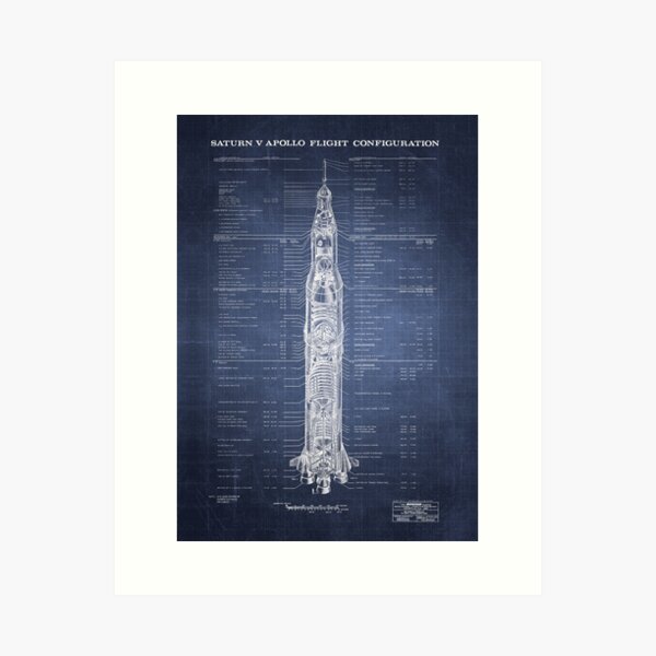 Apollo Saturn V Blueprint in High Resolution (dark blue) Art Print