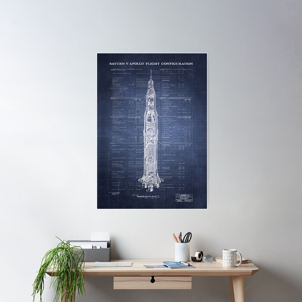 Apollo Saturn V Blueprint in High Resolution (dark blue) Poster