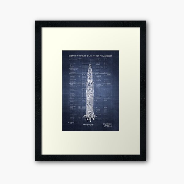 Apollo Saturn V Blueprint in High Resolution (dark blue) Framed Art Print
