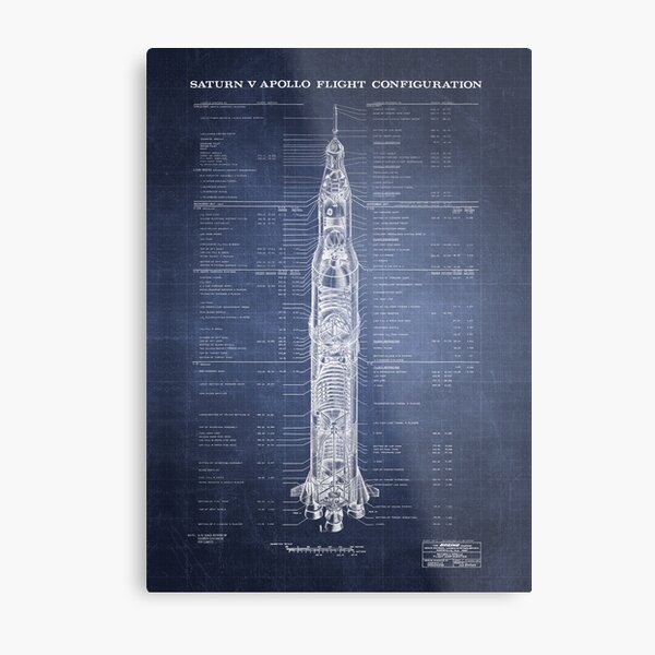 Apollo Saturn V Blueprint in High Resolution (dark blue) Metal Print