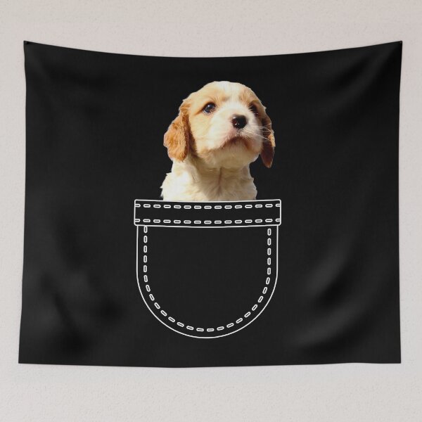 Item preview, Puppy in a pocket. Blenheim Cavoodle / Cavapoo puppy in a pocket. Funny, cute photo and line drawing pocket designed and sold by JellyBeenzz.