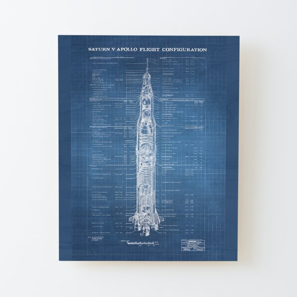 Apollo Saturn V Blueprint in High Resolution (light blue) Wood Mounted Print