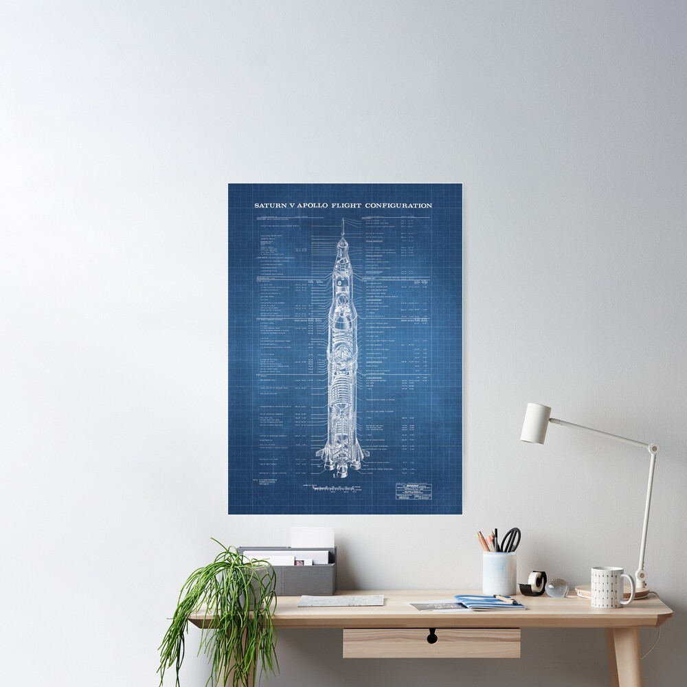 Apollo Saturn V Blueprint in High Resolution (light blue) Poster
