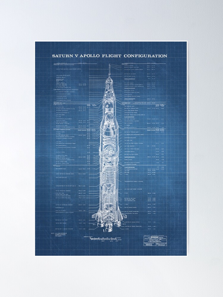 Alternate view of Apollo Saturn V Blueprint in High Resolution (light blue) Poster