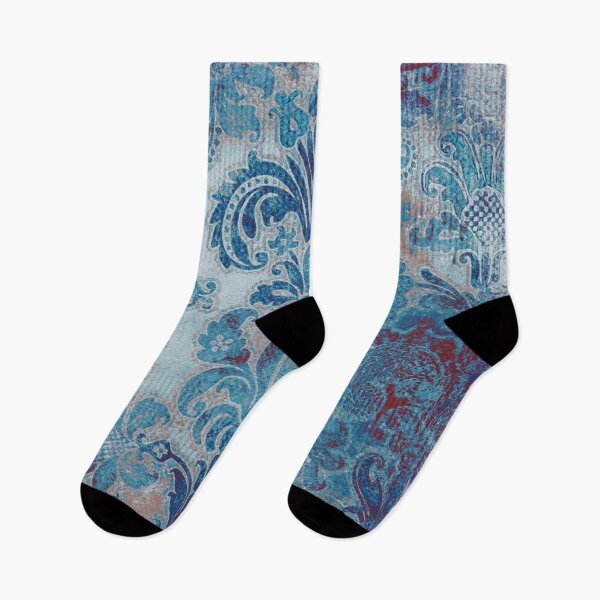 Item preview, Grunge damask DENIM blue burgundy red peach blush pink cobalt designed and sold by Delinda Graphic Studio.