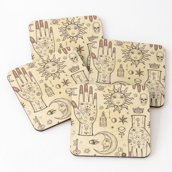 Item preview, Seamless color pattern: human hands in tattoos, alchemical symbols. Esoteric, mysticism, occultism. A background - imitation of old paper, the book, parchment.  designed and sold by YanaZvereva.