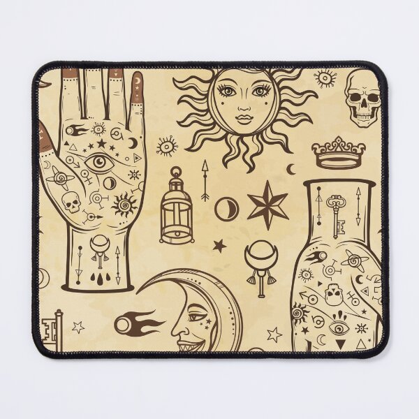 Item preview, Seamless color pattern: human hands in tattoos, alchemical symbols. Esoteric, mysticism, occultism. A background - imitation of old paper, the book, parchment.  designed and sold by YanaZvereva.