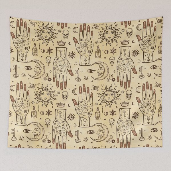 Item preview, Seamless color pattern: human hands in tattoos, alchemical symbols. Esoteric, mysticism, occultism. A background - imitation of old paper, the book, parchment.  designed and sold by YanaZvereva.