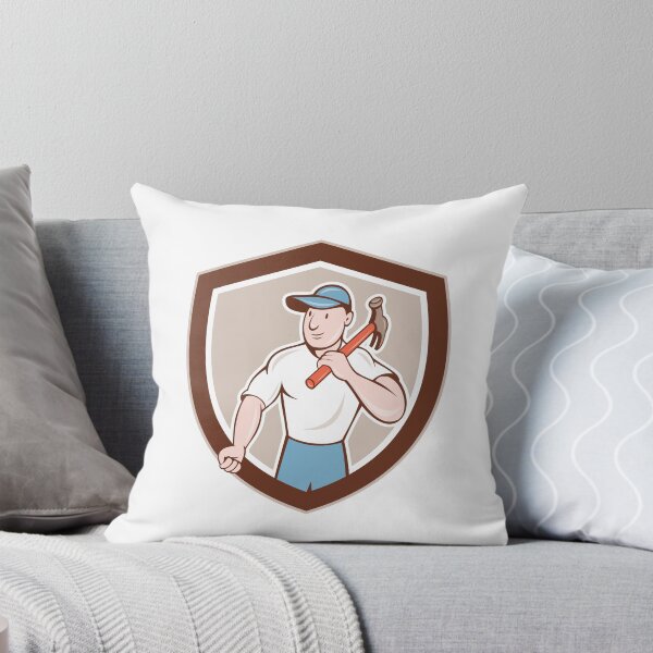 Item preview, Builder Carpenter Holding Hammer Shield Cartoon designed and sold by patrimonio.