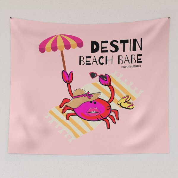 Item preview,  CUTE FUNNY CARTOON FUCHSIA  RED PINK “DESTIN BEACH BABE” CRAB WITH UMBRELLA designed and sold by EllieMonroe.