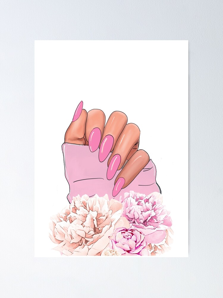 “Beautiful feminine hand with pink nails and flowers” Poster for Sale