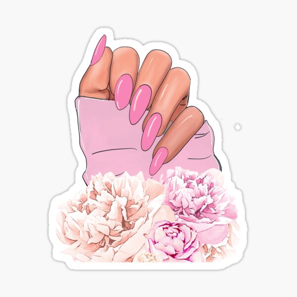 Beautiful feminine hand with pink nails and flowers Sticker