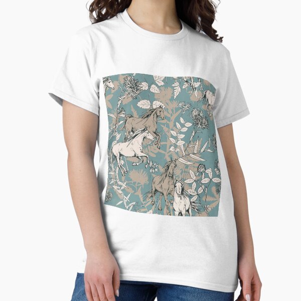 Floral Horse Sketch On Blue Pattern Classic T-Shirt