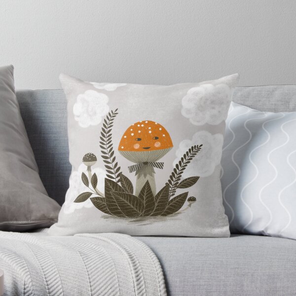 orange Autumn mushroom in gray sky clouds illustration Throw Pillow