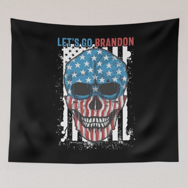 Item preview, Let's Go Brandon Chant sarcastic Conservative Vintage US Flag Halloween Skull designed and sold by MikkiVEvans.
