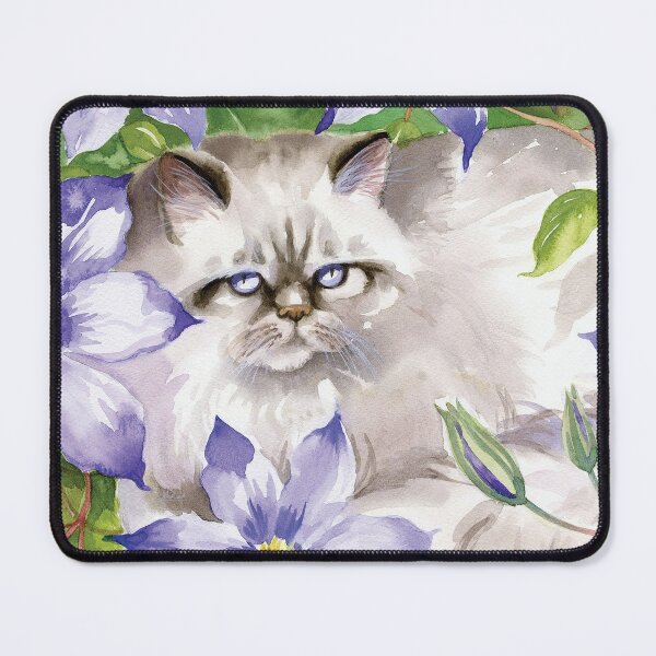 Cat and Blue Clematis Flowers Mouse Pad