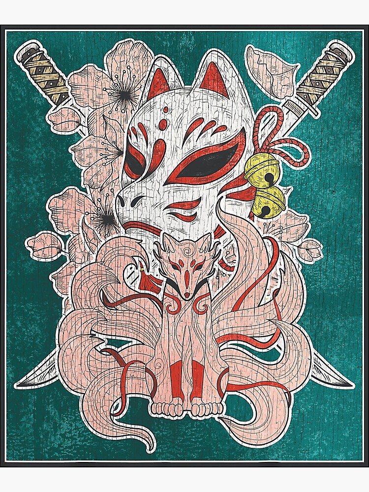 "Vintage Japanese Woodblock Kitsune Nine Tailed Fox Samurai