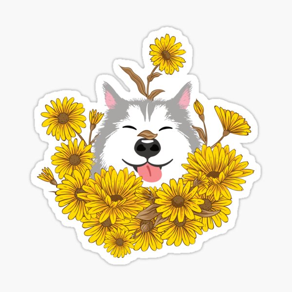 Item preview, Gray Siberian Husky Dog and Sunflowers  designed and sold by Lulupainting.