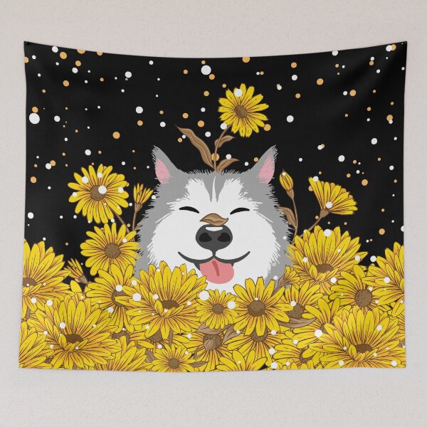 Item preview, Gray Siberian Husky Dog and Sunflowers  designed and sold by Lulupainting.