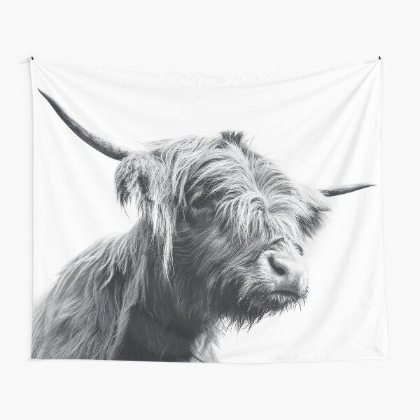 Majestic Highland cow black and white Tapestry