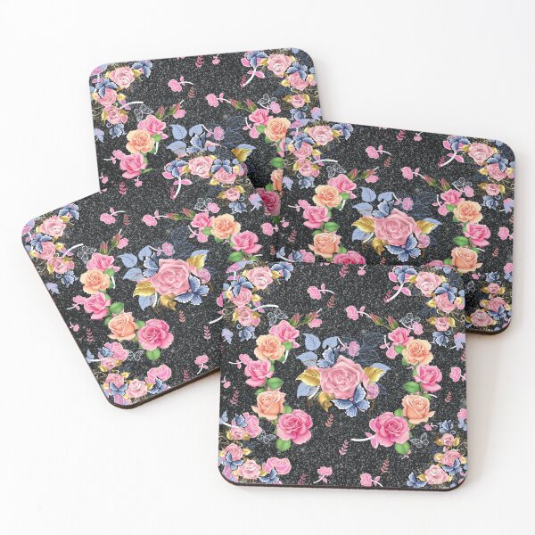 Item preview, Beautiful pink roses butterflies golden leaves glittering floral designed and sold by TheSeasonalYard.