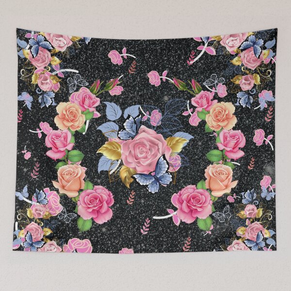 Item preview, Beautiful pink roses butterflies golden leaves glittering floral designed and sold by TheSeasonalYard.