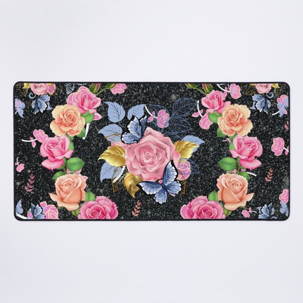 Item preview, Beautiful pink roses butterflies golden leaves glittering floral designed and sold by TheSeasonalYard.