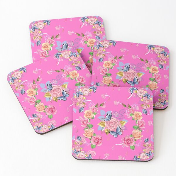 Item preview, Beautiful roses, butterflies & golden leaves floral pink background designed and sold by TheSeasonalYard.
