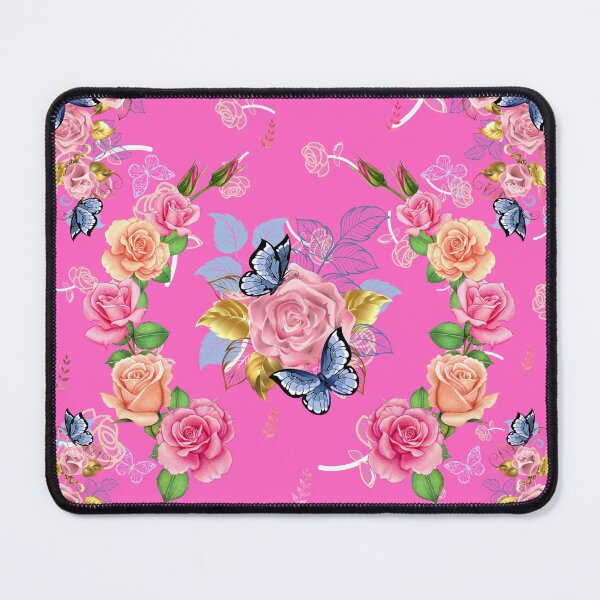 Item preview, Beautiful roses, butterflies & golden leaves floral pink background designed and sold by TheSeasonalYard.