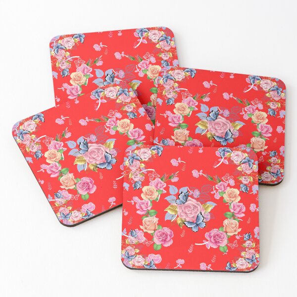 Item preview, Beautiful roses, butterflies & golden leaves floral red background designed and sold by TheSeasonalYard.