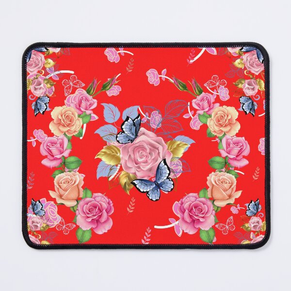 Item preview, Beautiful roses, butterflies & golden leaves floral red background designed and sold by TheSeasonalYard.