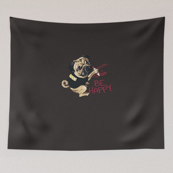 Item preview, be happy slogan with cartoon pug dog Sticker designed and sold by TomRopnack.