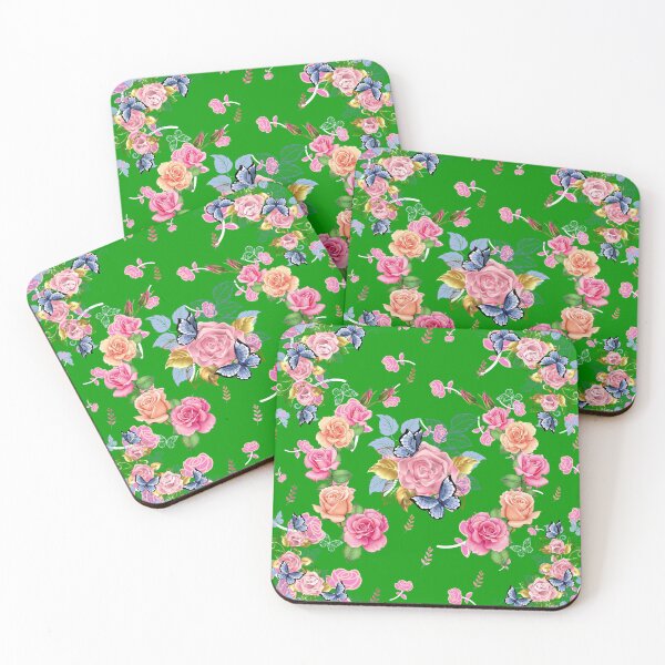 Item preview, Beautiful roses, butterflies & golden leaves floral green background designed and sold by TheSeasonalYard.