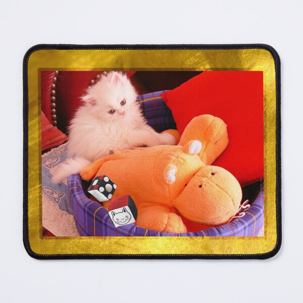Item preview, White Persian Fluffy Baby Cat Vanda Playing with A Hippo and Dices (Photo by ACCI) on Gold designed and sold by VanyssaGraphics.