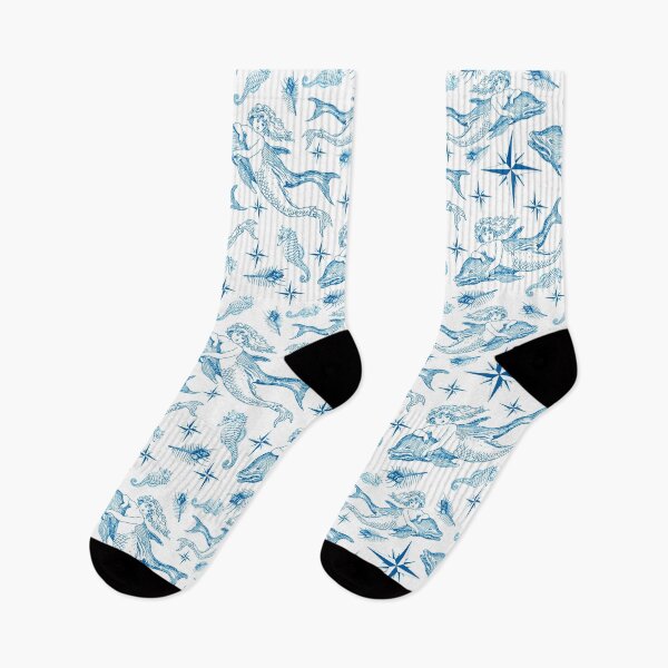 Item preview, Mermaid with Dolphin Nautical Pattern in navy blue on white designed and sold by yennyz.