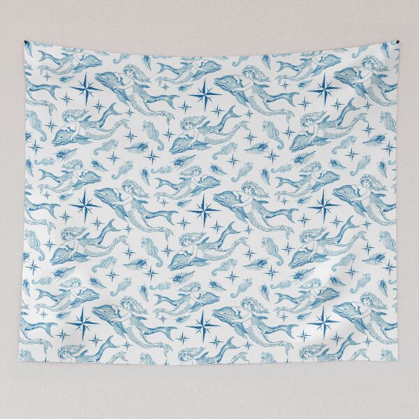Item preview, Mermaid with Dolphin Nautical Pattern in navy blue on white designed and sold by yennyz.