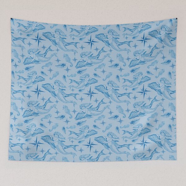 Item preview, Mermaid with Dolphin Nautical Pattern in navy blue on light blue designed and sold by yennyz.