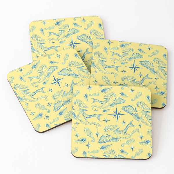 Item preview, Mermaid with Dolphin Nautical Pattern in navy blue on pastel yellow designed and sold by yennyz.