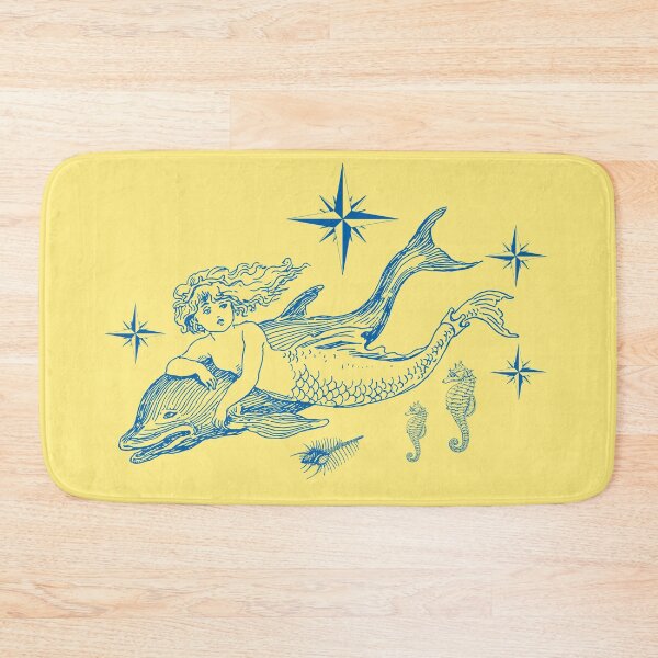 Item preview, Mermaid with Dolphin Nautical Pattern in navy blue on pastel yellow designed and sold by yennyz.