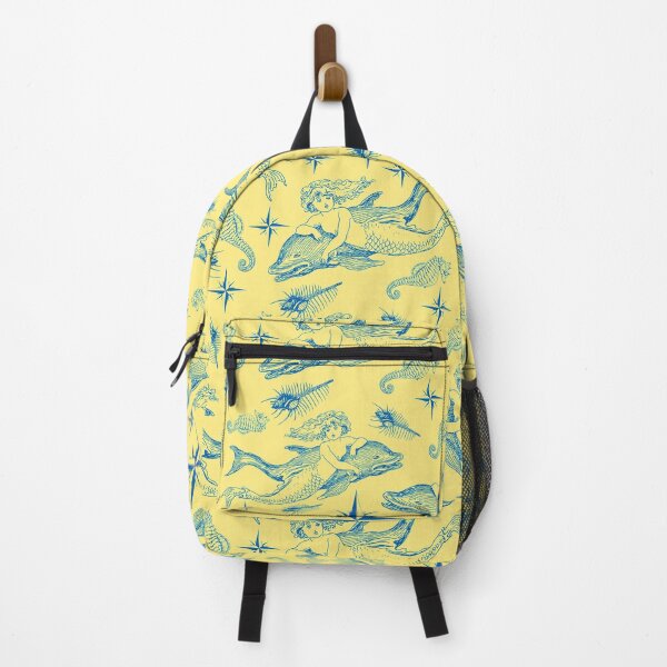 Item preview, Mermaid with Dolphin Nautical Pattern in navy blue on pastel yellow designed and sold by yennyz.