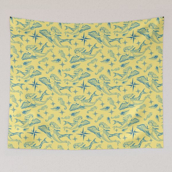 Item preview, Mermaid with Dolphin Nautical Pattern in navy blue on pastel yellow designed and sold by yennyz.