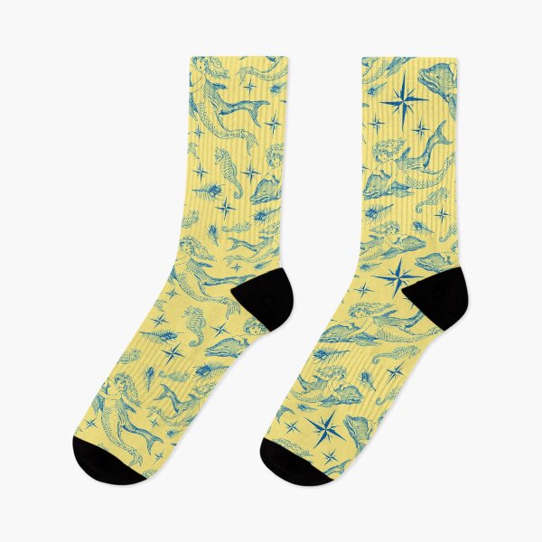 Item preview, Mermaid with Dolphin Nautical Pattern in navy blue on pastel yellow designed and sold by yennyz.