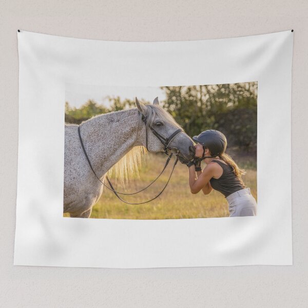 Item preview, Wonderful Lusitano horse, person giving kiss, in sunset, outdoors, on field. designed and sold by AylaHarbich.