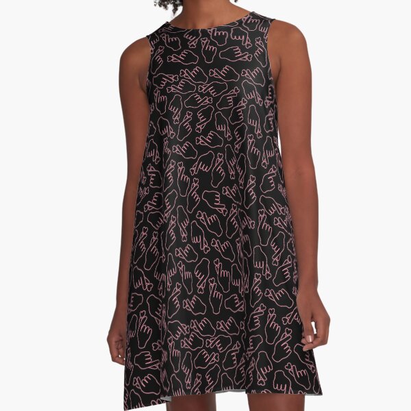 Finger Heart Pink on Black A-Line Dress