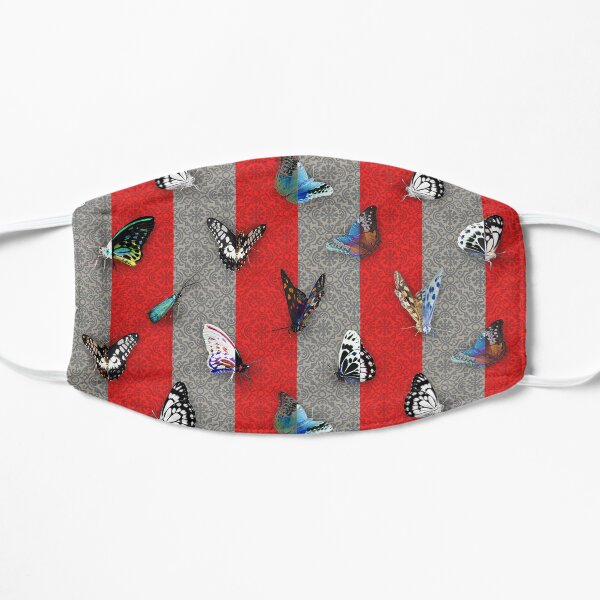 Butterflies on red grey stripes Flat Mask
